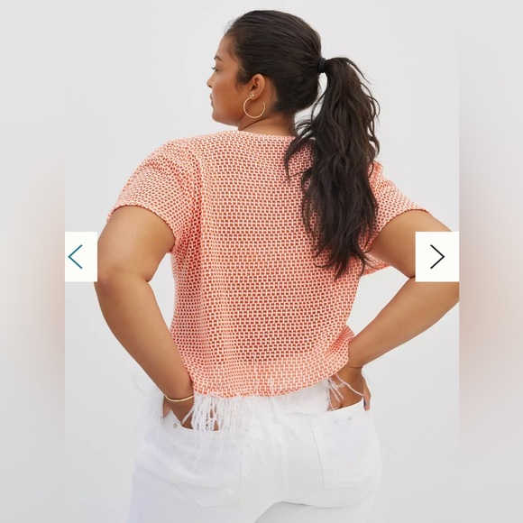 ANTHROPOLOGIE EVA FRANCO Feather Blouse Orange& White NWT ShortSleeves SZ L Rare - Picture 5 of 16